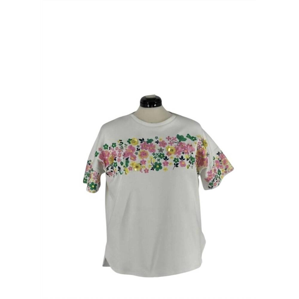 NEW CURATED BASICS women's embroidered short sleeve top in wh/grn/pk